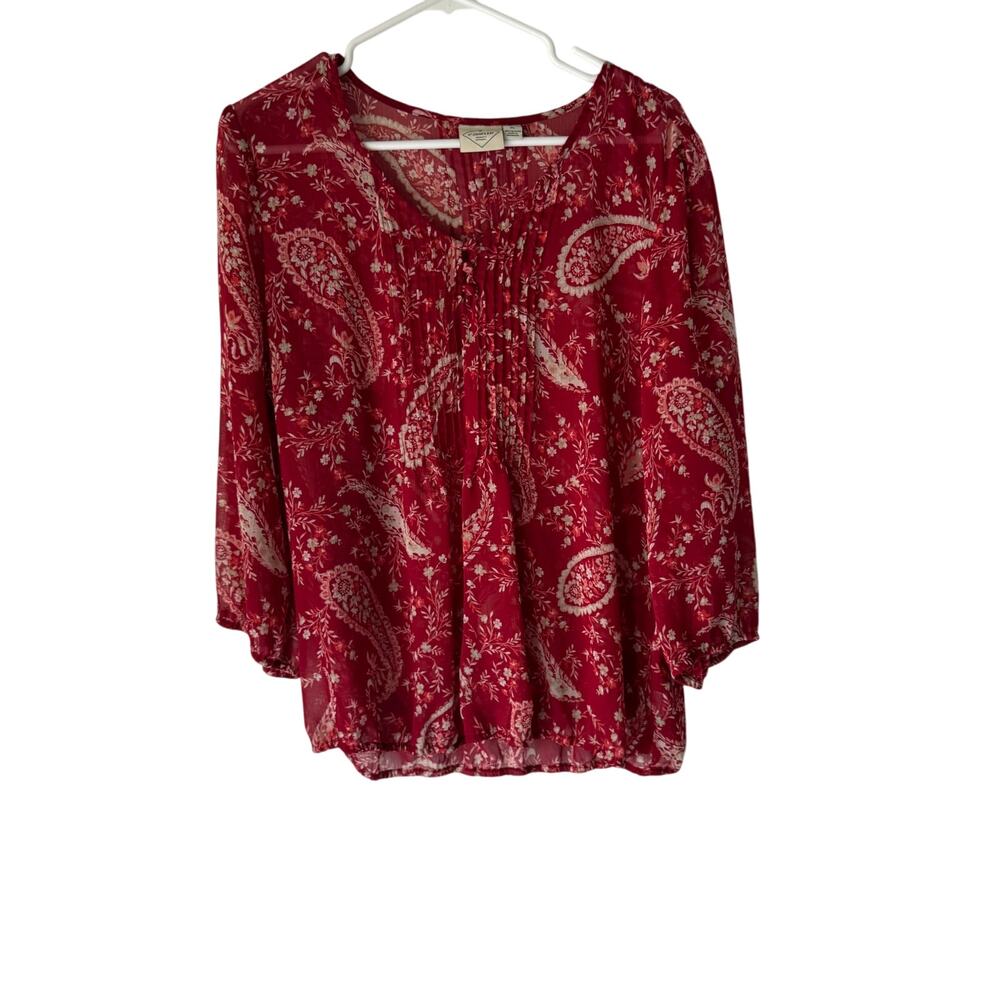 St.‎ John’s Bay Red Paisley Boho Peasant Blouse XL Sheer Floral Top Y2K Cottage